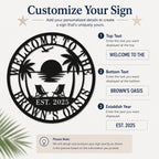 Customization guide for a personalized beach metal sign showing Top Text, Bottom Text and Establish Year personalization options.