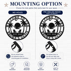 Mounting option comparison for a personalized beach metal sign showing No Holes and Pre-Drilled Holes on the left and right sides.