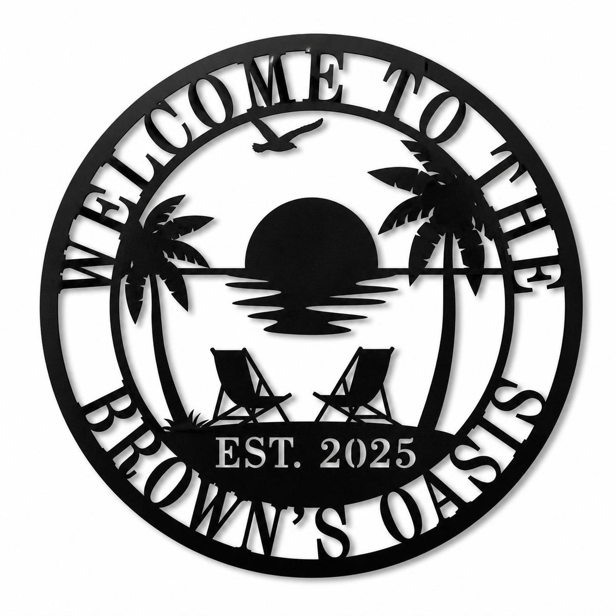 Personalized tropical beach metal sign with palm trees, sunset, lounge chairs, custom family name and established year on a white background.