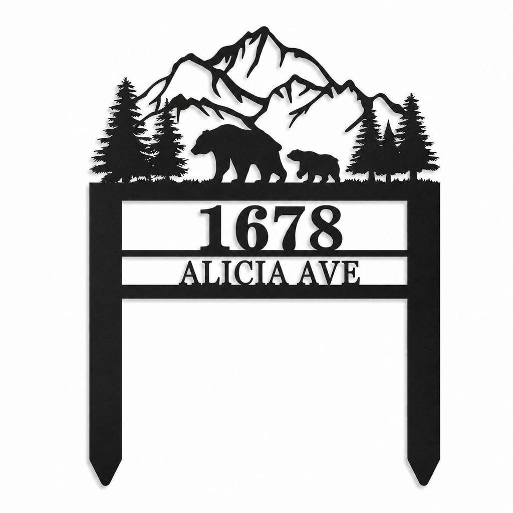 Custom Metal Yard Address Sign with Mountain Bear Design, Personalized Outdoor House Number Sign with Integrated Ground Stakes