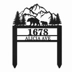 Custom Metal Yard Address Sign with Mountain Bear Design, Personalized Outdoor House Number Sign with Integrated Ground Stakes