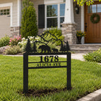 Personalized Metal Yard Address Sign Installed in Front Lawn of a Modern American Home with Mountain Bear Design