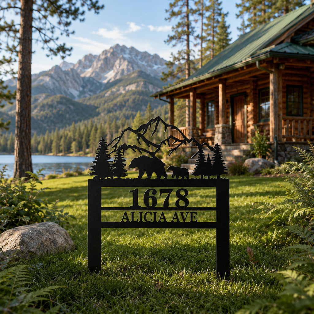 Rustic Custom Metal Address Sign for Mountain Cabin, Lake House or Woodland Retreat with Bear and Pine Tree Design