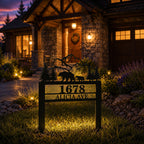 Personalized Outdoor Metal Address Sign Displayed in Front Yard at Dusk for High House Number Visibility