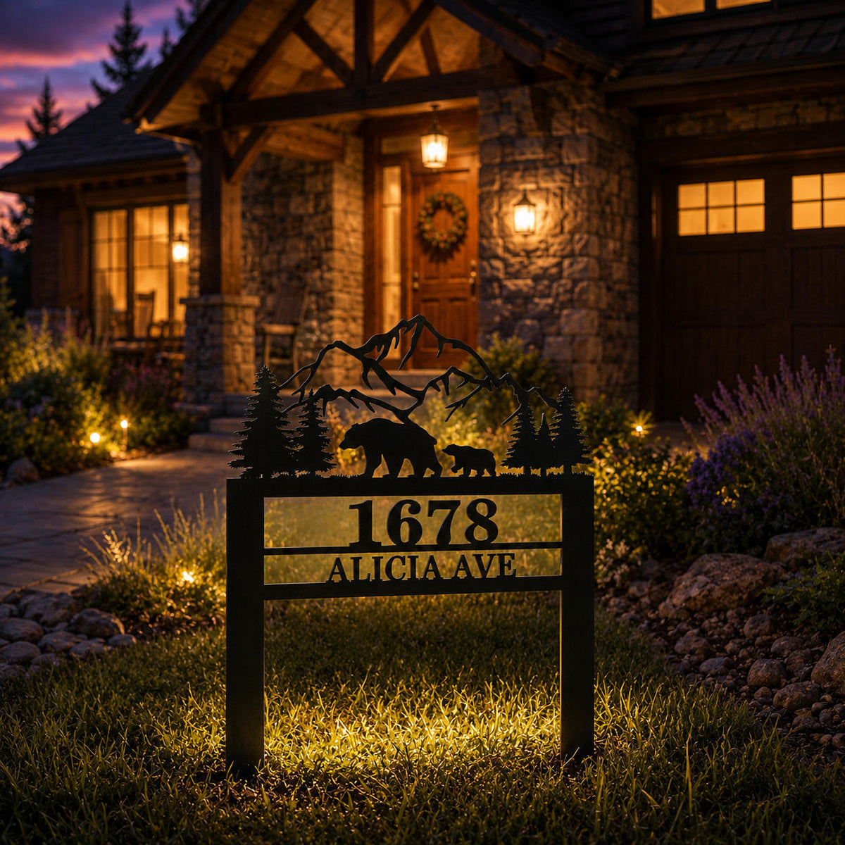 Personalized Outdoor Metal Address Sign Displayed in Front Yard at Dusk for High House Number Visibility