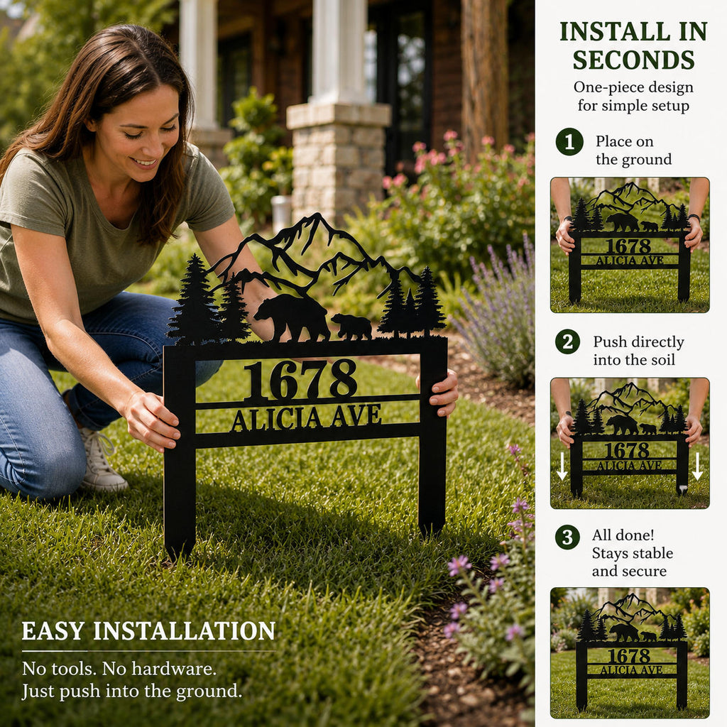 Easy Install Metal Yard Address Sign with One-Piece Ground Stakes, No Tools Required, Push Directly into Soil