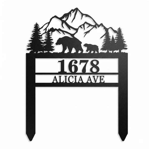 Personalized Bear Family Mountain Metal Address Stake