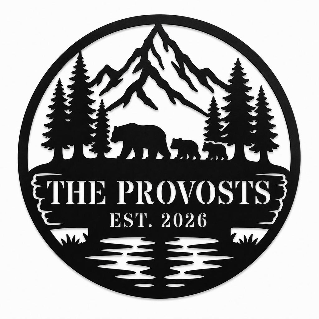Personalized round metal family sign featuring bears, pine trees, mountains, and custom family name and established year.