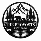 Personalized round metal family sign featuring bears, pine trees, mountains, and custom family name and established year.