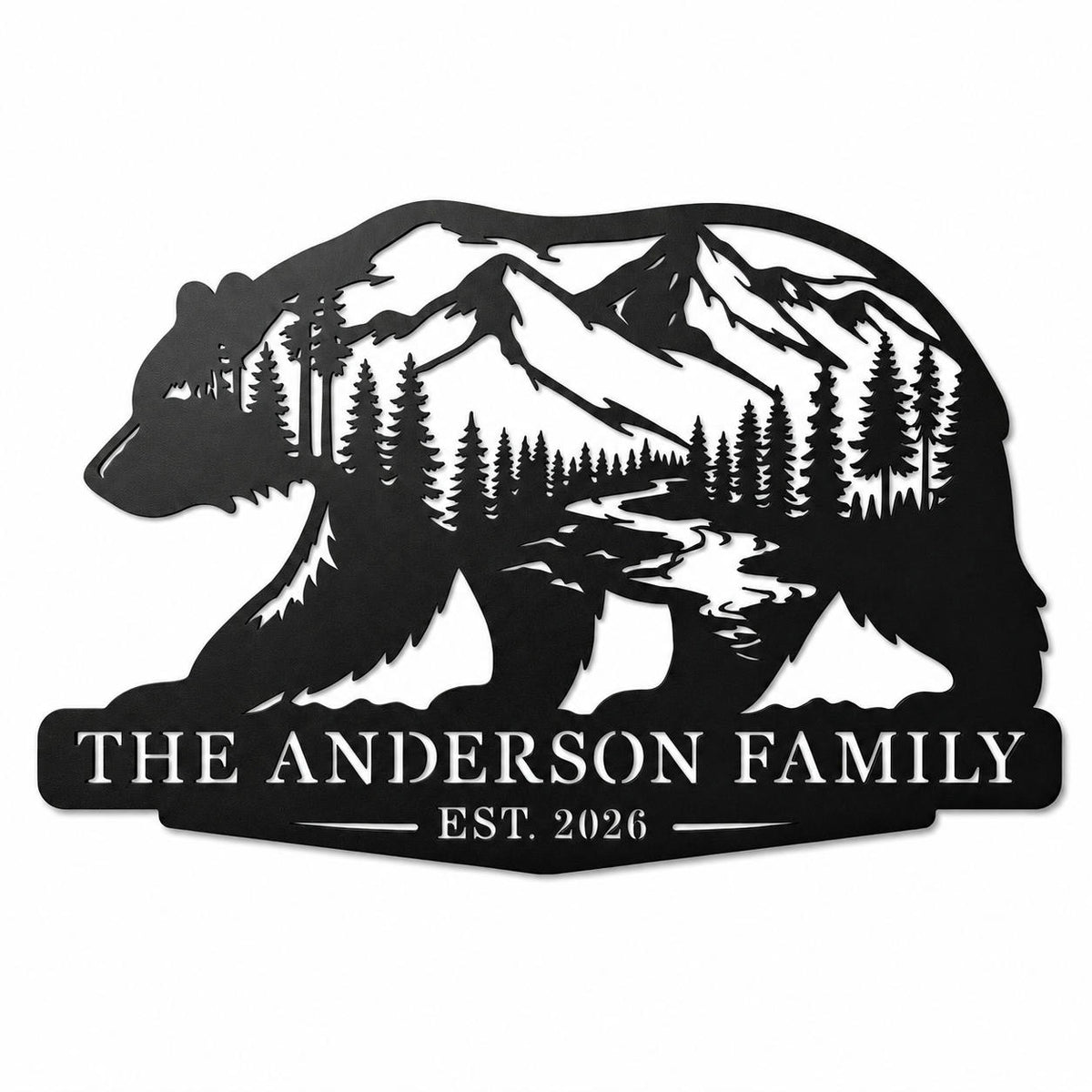 Personalized black bear mountain metal sign with custom family name and established year. Main image