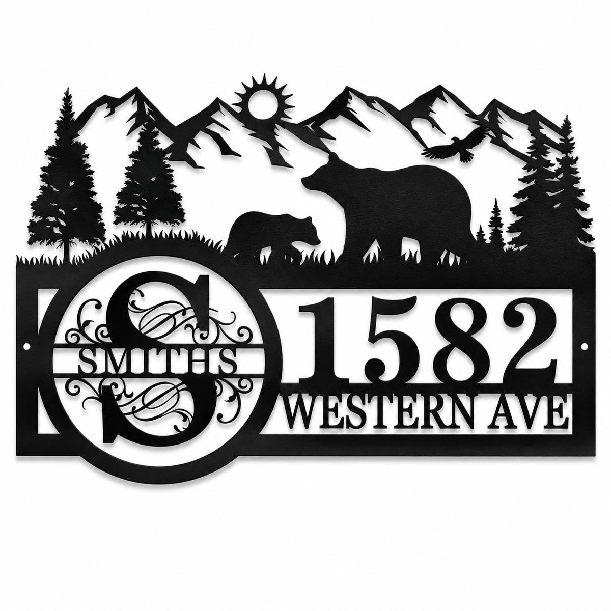 Personalized black metal bear and mountain address sign with family name, house number and street name.