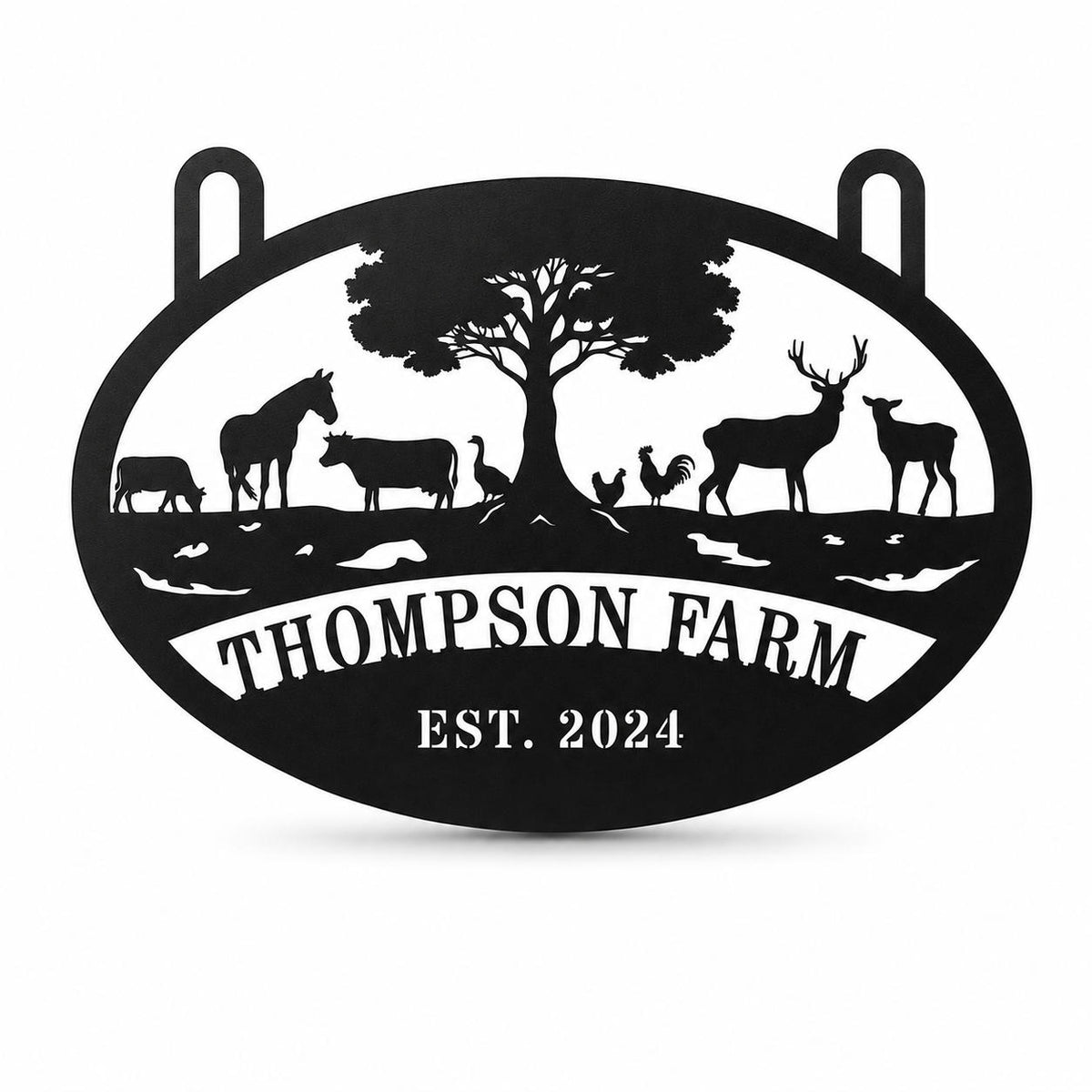 Personalized black metal farm sign with custom farm name and established year, laser cut steel hanging sign for farmhouse, ranch, barn, and outdoor entrance decor.