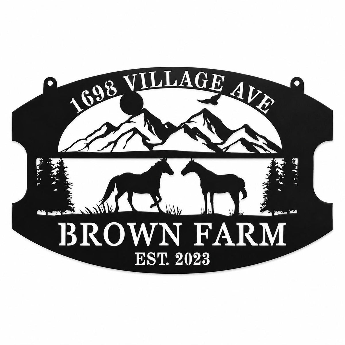 Personalized black metal horse farm sign with mountain, horse, and farm name cutout design on a white background. Main image
