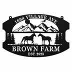 Personalized black metal horse farm sign with mountain, horse, and farm name cutout design on a white background.