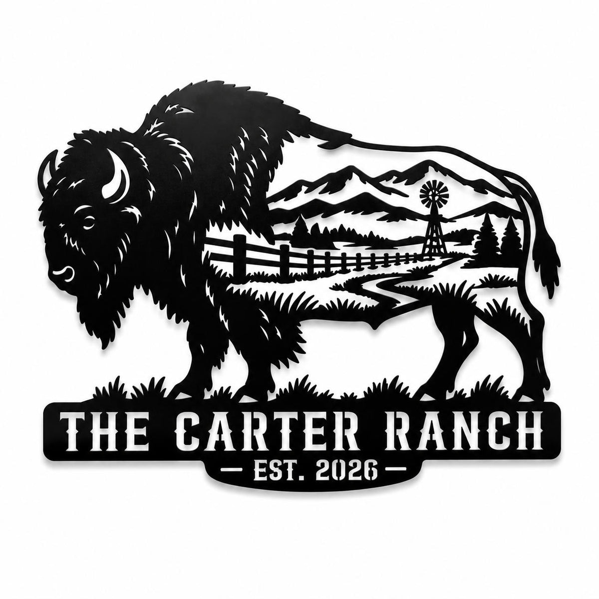Personalized buffalo ranch metal sign with custom ranch name and established year. Main image
