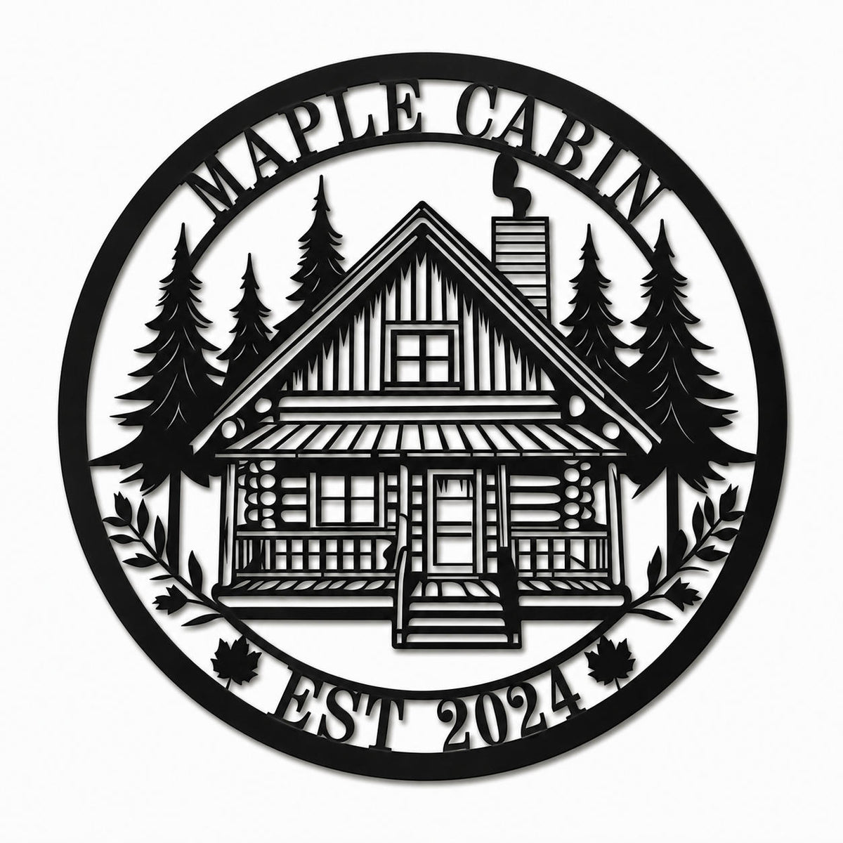 Personalized maple cabin metal sign with custom family name and established year, laser cut steel wall decor for rustic cabin, lake house, or mountain home. Main image
