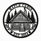 Personalized maple cabin metal sign with custom family name and established year, laser cut steel wall decor for rustic cabin, lake house, or mountain home.