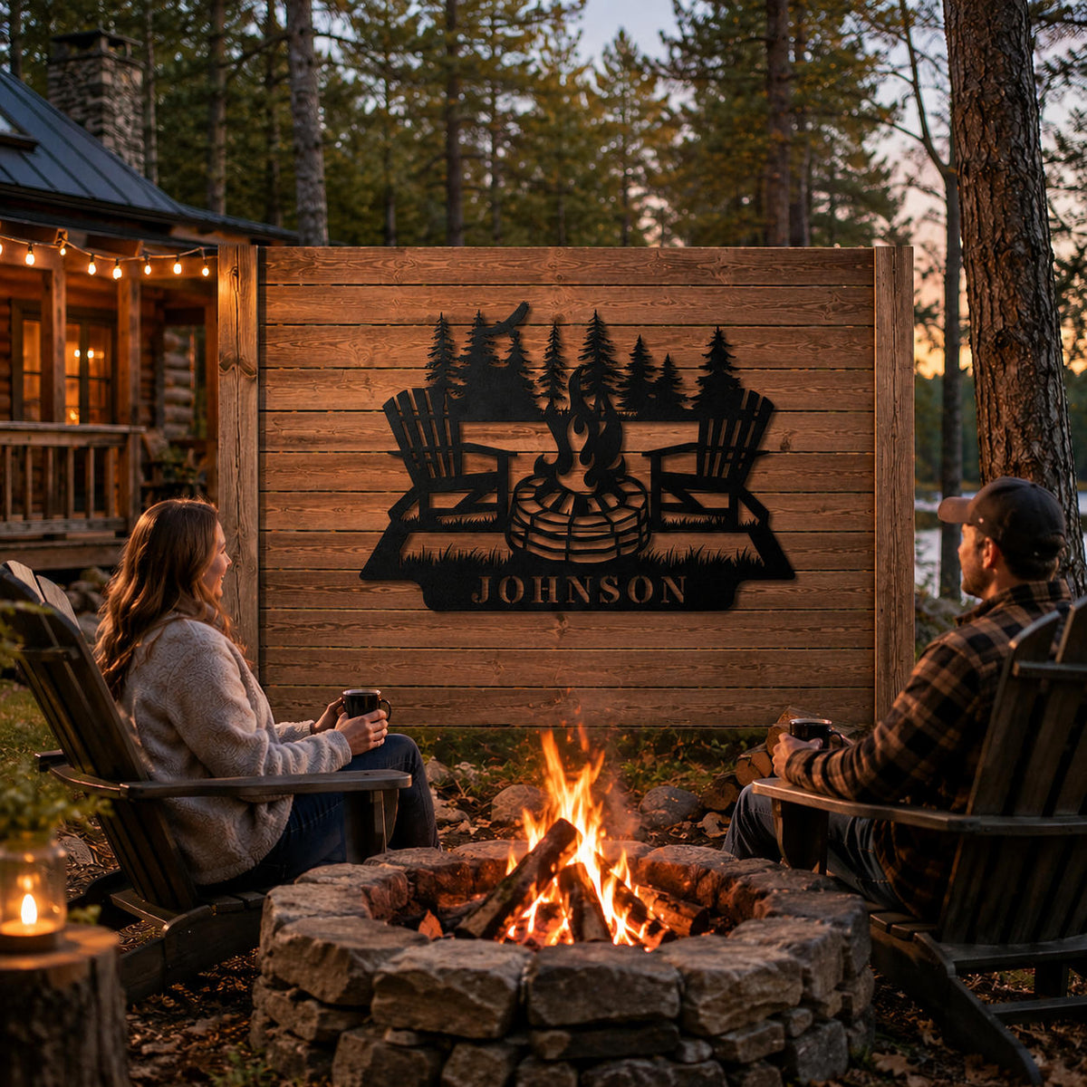 Personalized metal campfire family name sign mounted on a rustic wooden fence beside a backyard fire pit at a woodland cabin.