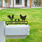 Personalized stainless steel chicken family mailbox topper with custom house address.