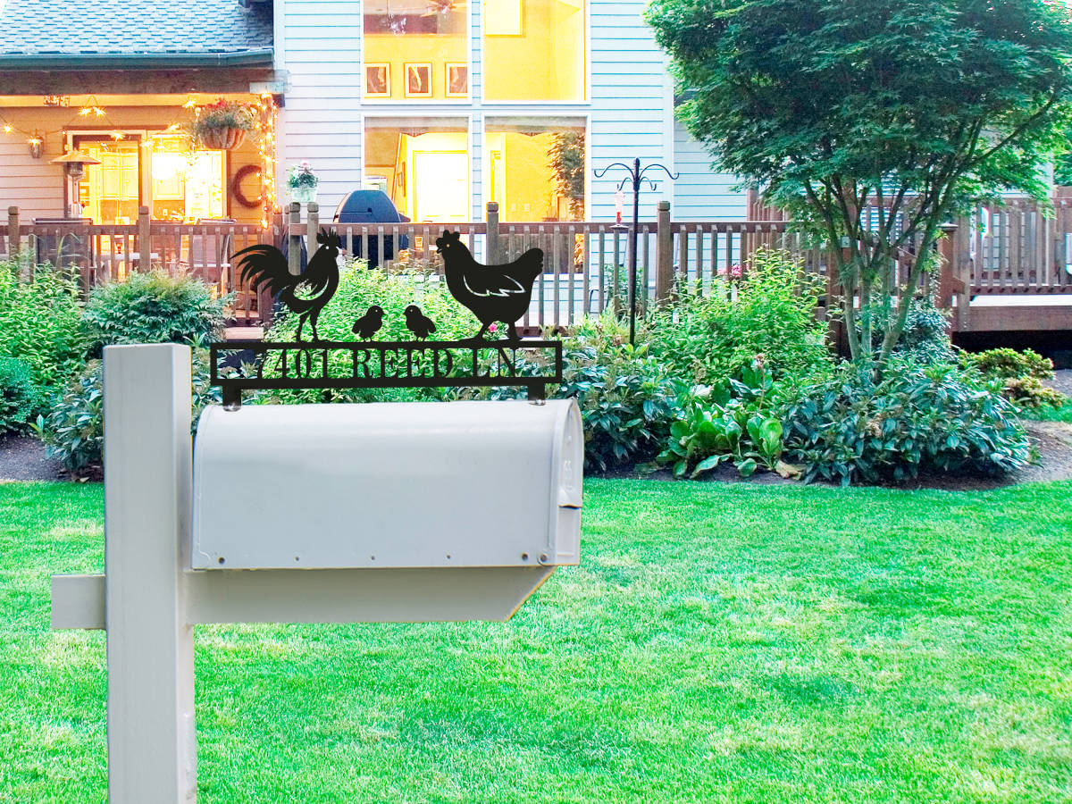 Personalized stainless steel chicken family mailbox topper with custom house address.