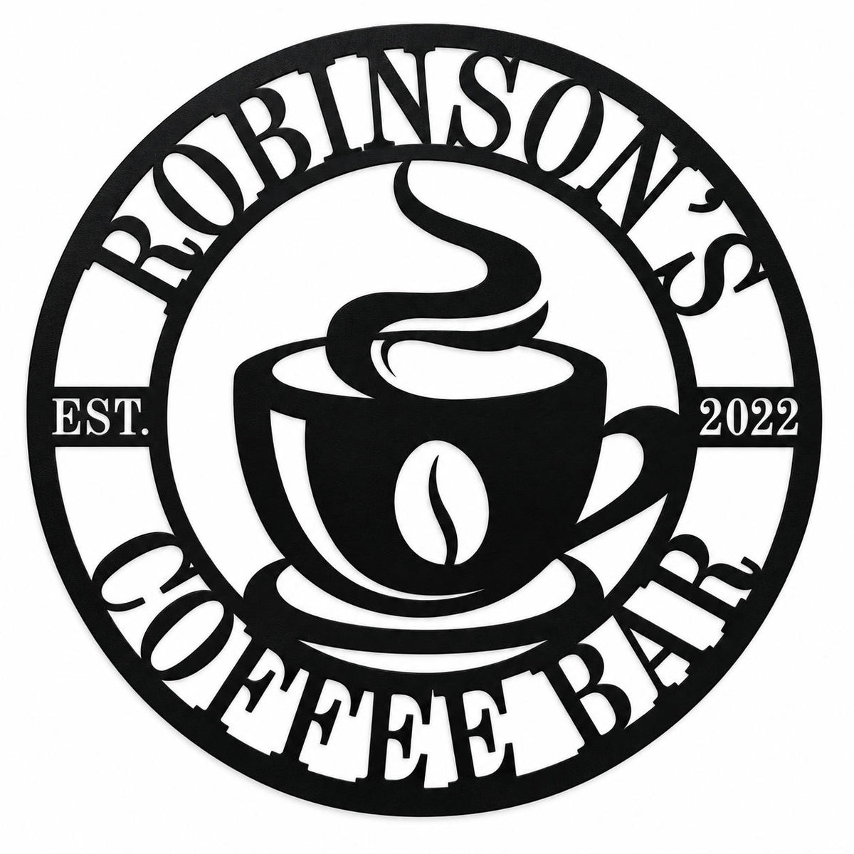 Personalized round black metal coffee bar sign featuring Robinson’s, EST. 2022, and a steaming coffee cup on a white background. Main image
