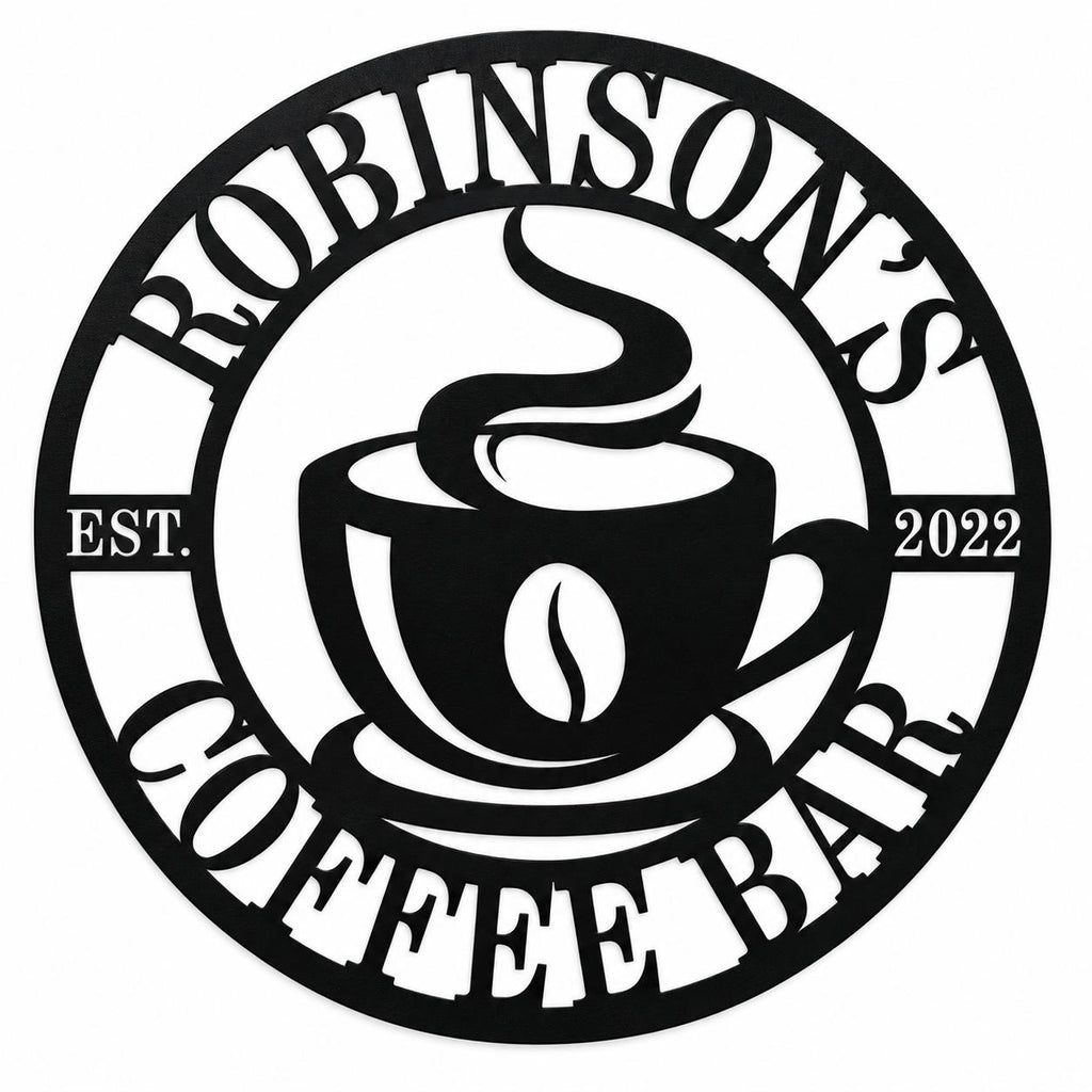 Personalized round black metal coffee bar sign featuring Robinson’s, EST. 2022, and a steaming coffee cup on a white background.