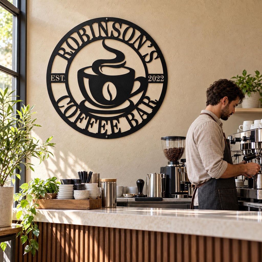 Personalized black metal coffee bar sign on a warm plaster wall behind a café counter, with a barista preparing coffee beside it.