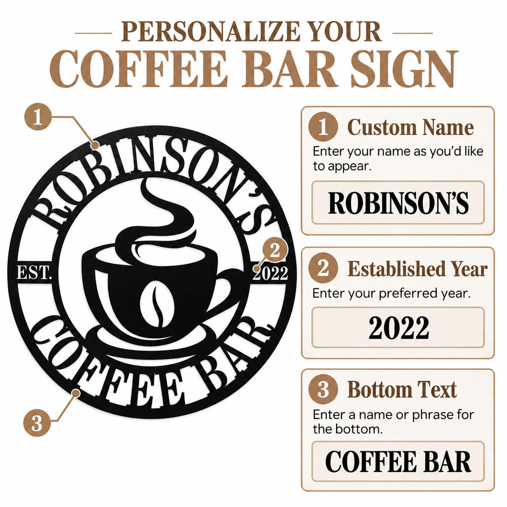 Coffee bar sign customization guide showing custom name, established year, and bottom text fields, with Robinson’s, 2022, and Coffee Bar as examples.