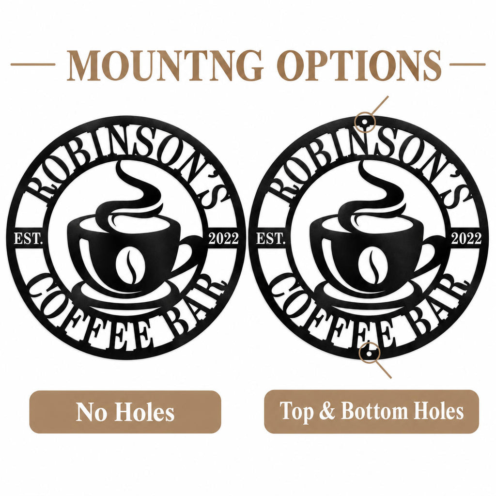 Coffee bar metal sign mounting options shown side by side: no holes and two mounting holes at the top and bottom of the outer rim.