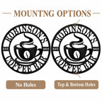 Coffee bar metal sign mounting options shown side by side: no holes and two mounting holes at the top and bottom of the outer rim.