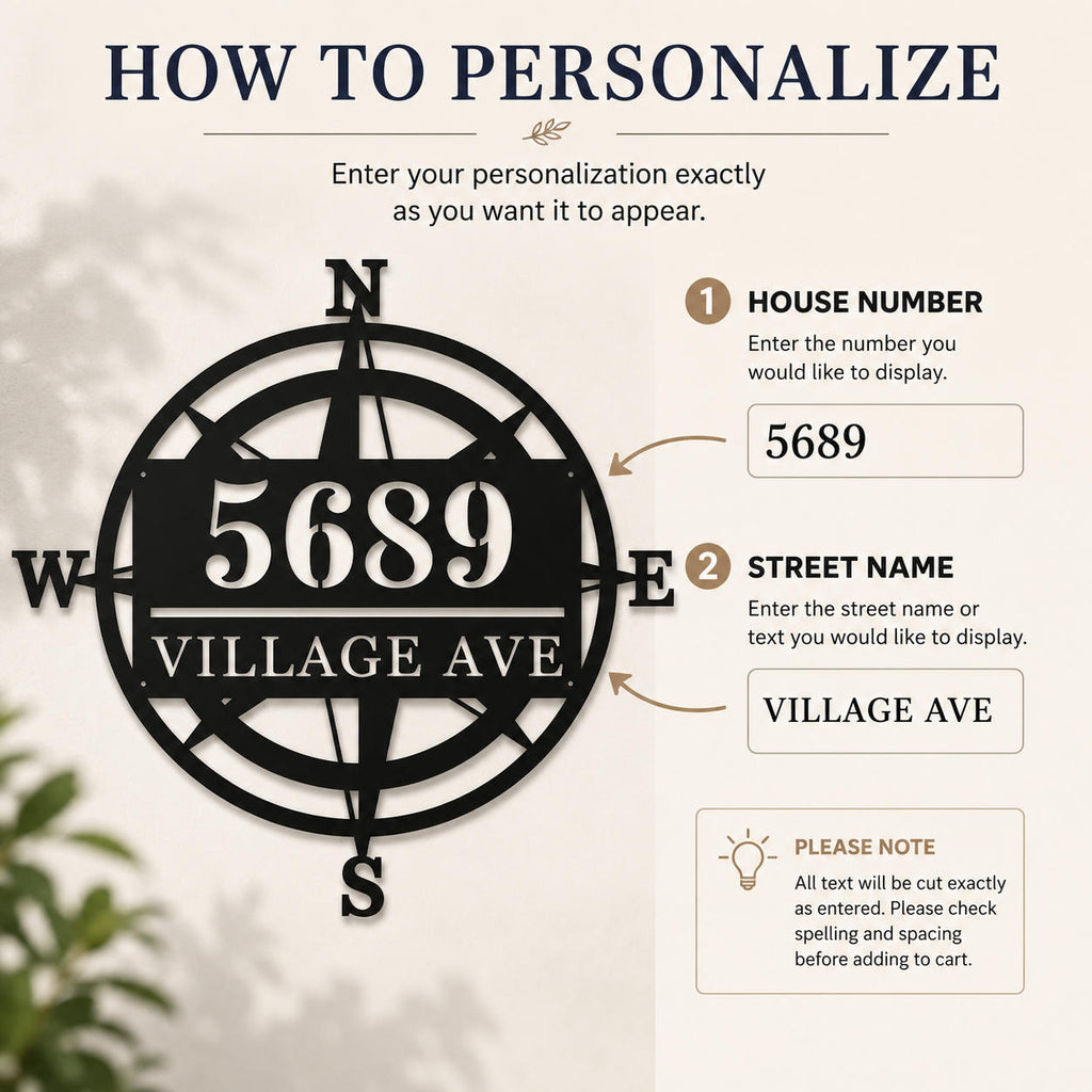 Personalization guide showing how to enter a house number and street name for a custom compass address sign.