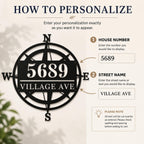 Personalization guide showing how to enter a house number and street name for a custom compass address sign.
