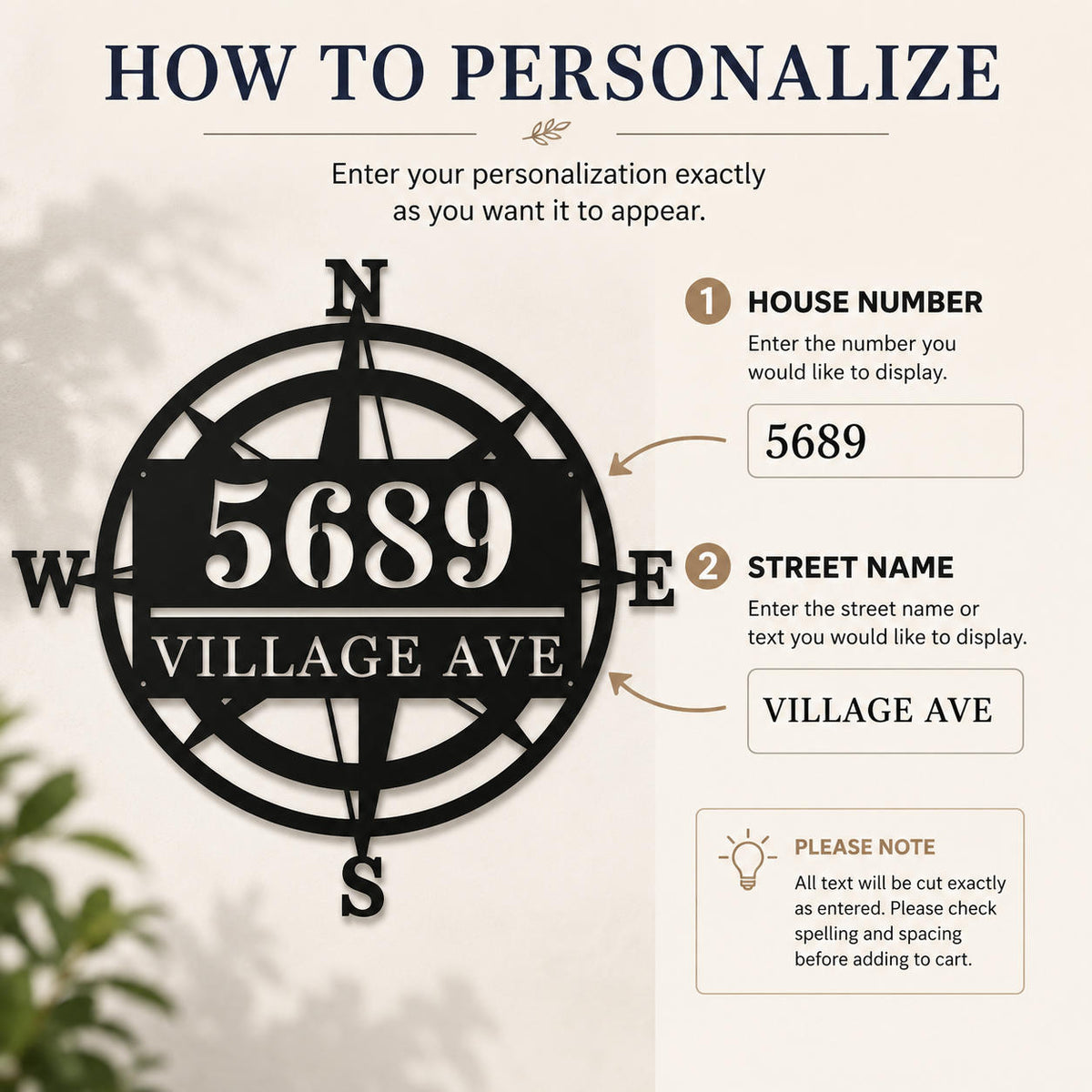 Personalization guide showing how to enter a house number and street name for a custom compass address sign.