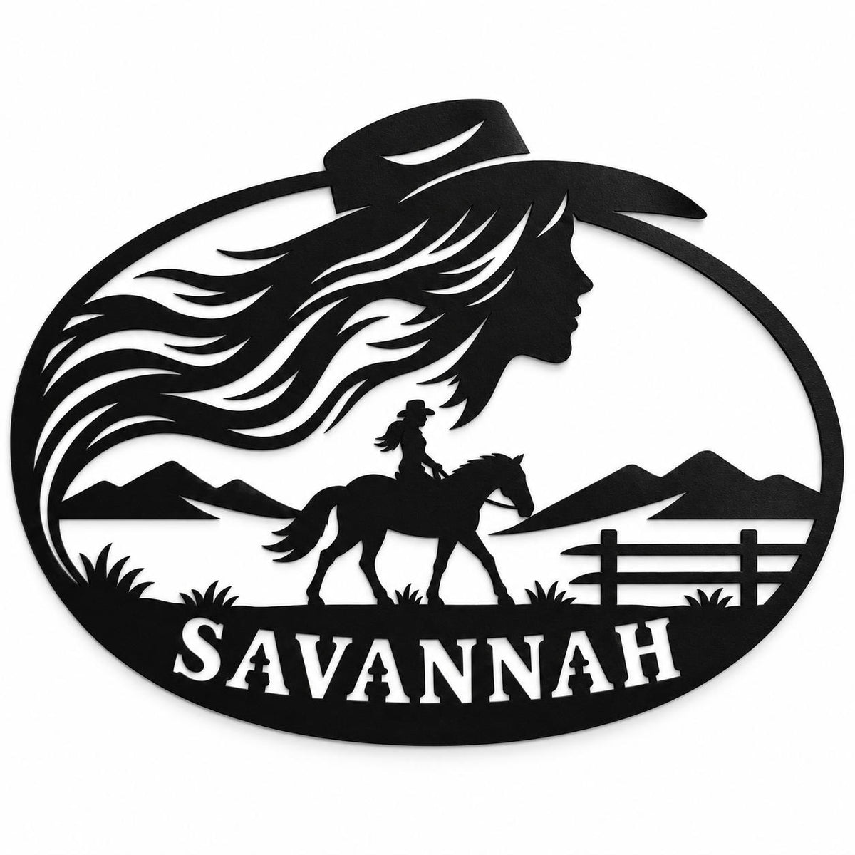 Personalized Savannah cowgirl metal name sign with horse, mountains and Western ranch design. Main image