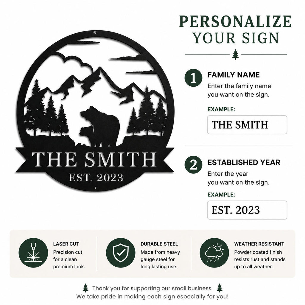 Personalization instructions showing family name and established year options for custom metal sign