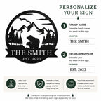 Personalization instructions showing family name and established year options for custom metal sign