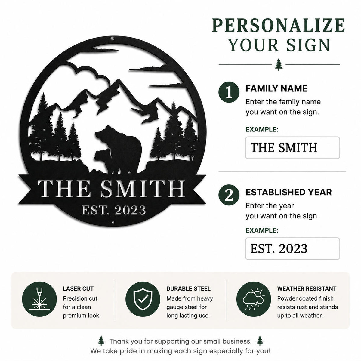 Personalization instructions showing family name and established year options for custom metal sign