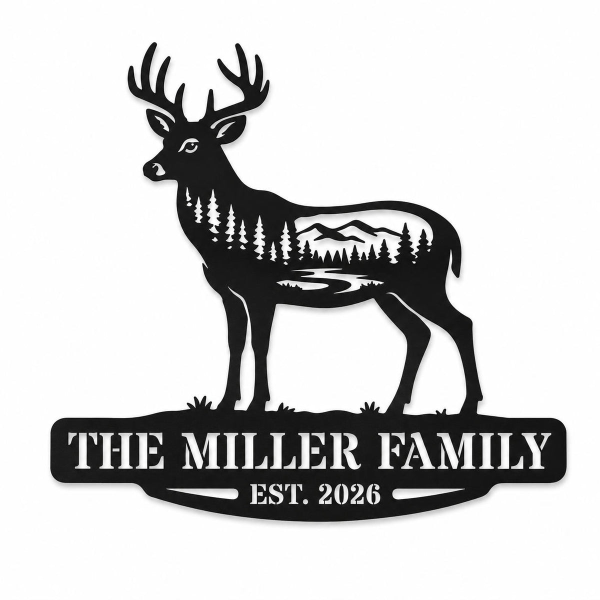 Personalized black metal deer family sign with forest, mountain and river design, customized with family name and established year. Main image