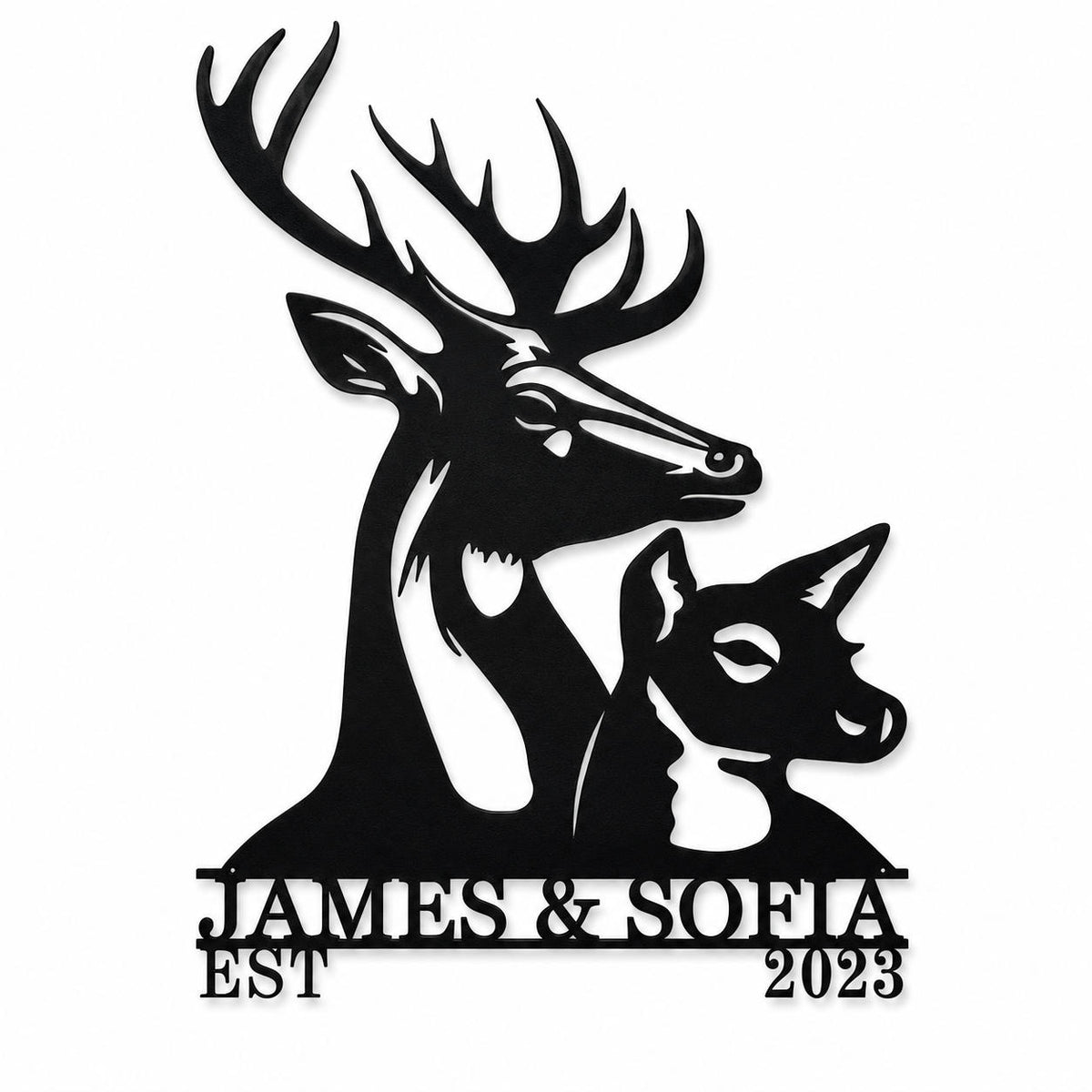 Personalized deer family metal sign with custom names James and Sofia and established year 2023. Main image