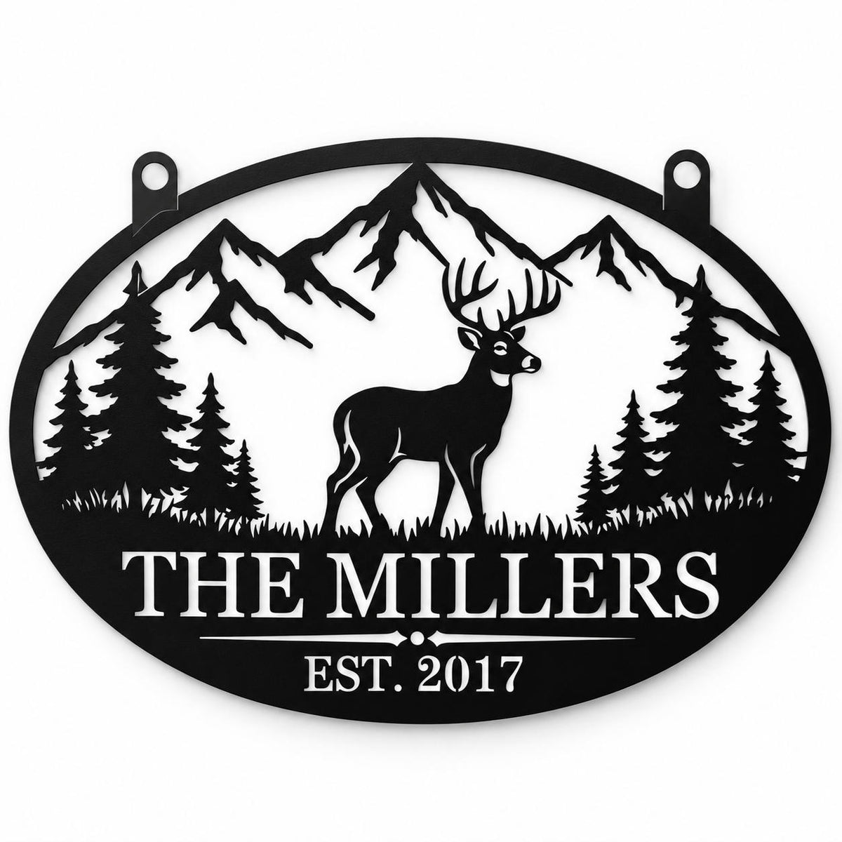Personalized deer family metal sign with mountain and pine tree design, featuring The Millers and EST. 2017.