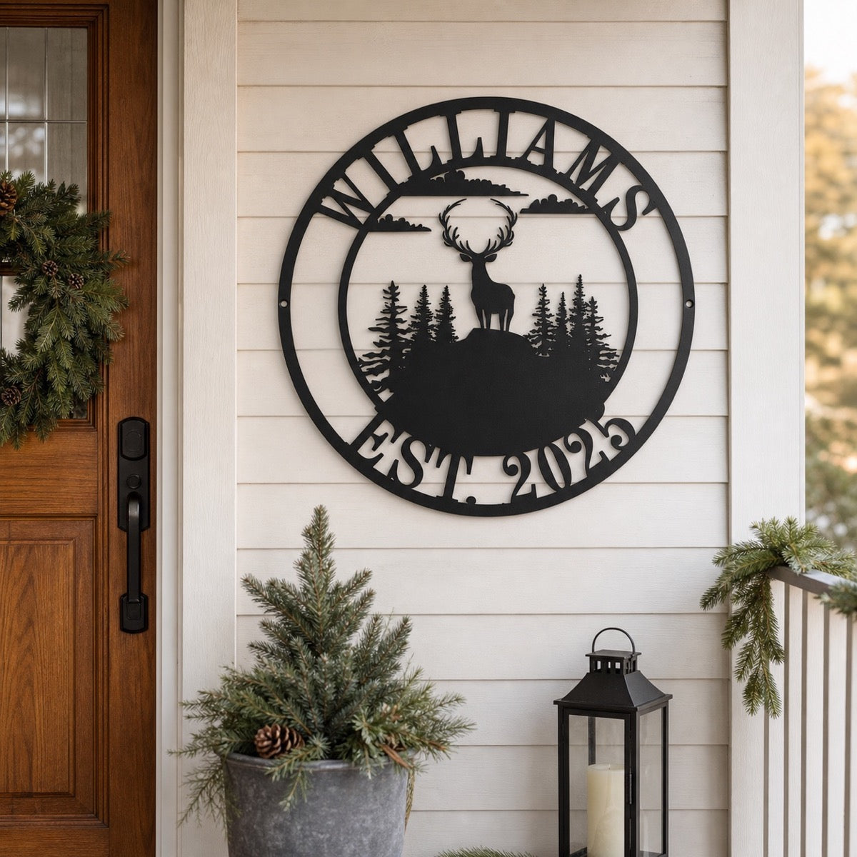 Personalized Deer Family Name Metal Sign mounted beside a farmhouse front porch entry.