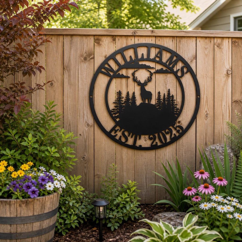 Personalized Deer Family Name Metal Sign displayed on a backyard wood fence with garden plants.
