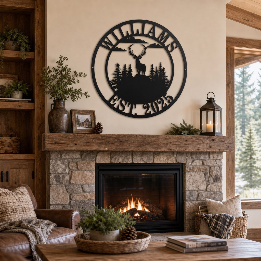 Personalized Deer Family Name Metal Sign used as rustic living room fireplace wall decor.