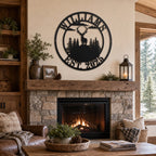 Personalized Deer Family Name Metal Sign used as rustic living room fireplace wall decor.