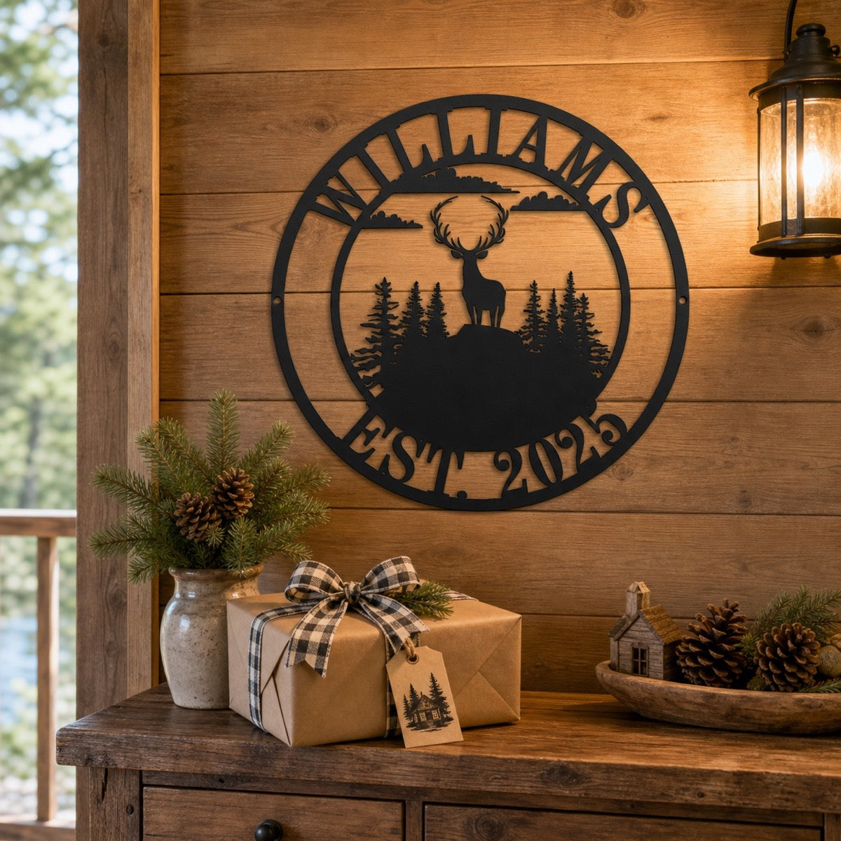 Personalized Deer Family Name Metal Sign mounted in a cozy cabin housewarming gift setting.