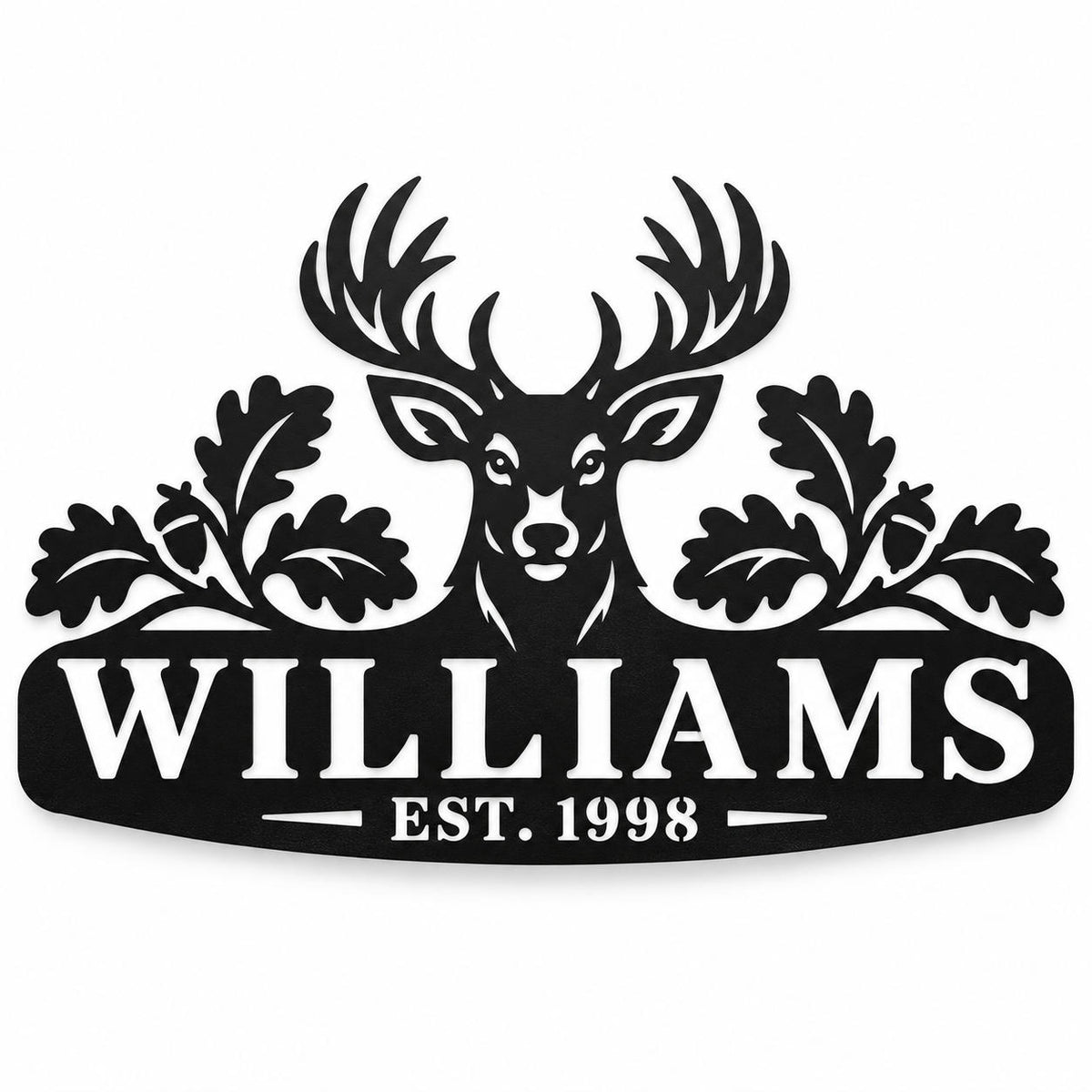 Personalized black deer family name metal sign with Williams and EST. 1998 on a white background. Main image