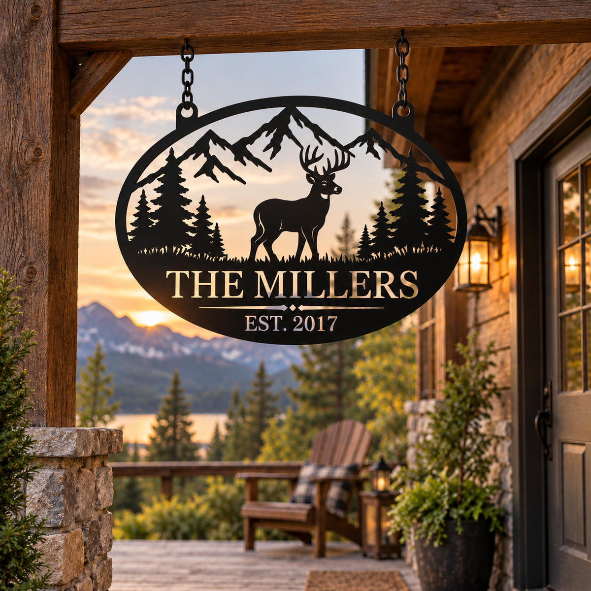 Personalized deer family metal sign hanging at a rustic mountain cabin porch with The Millers custom text.