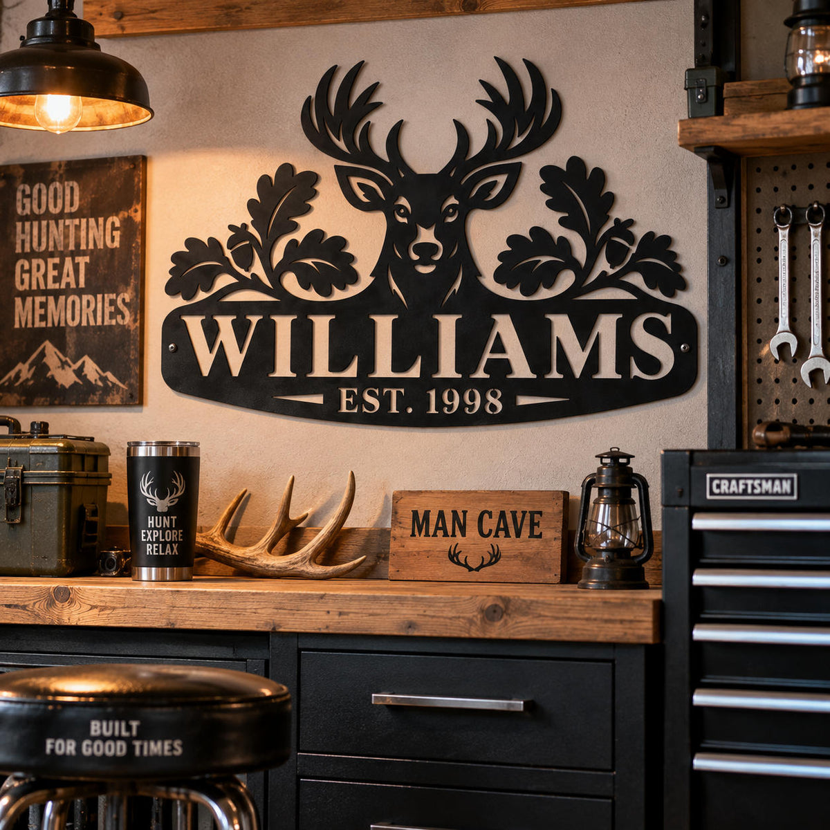 Personalized Williams deer metal sign displayed in a rustic garage and man cave workshop.