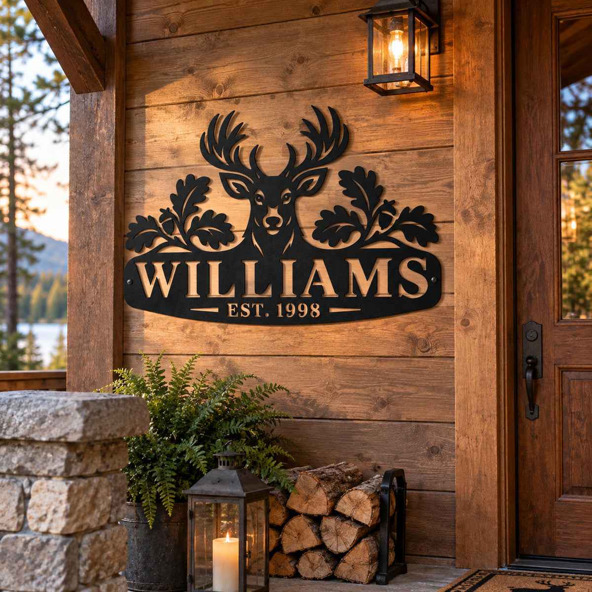 Personalized Williams deer metal sign displayed on a rustic American cabin porch.