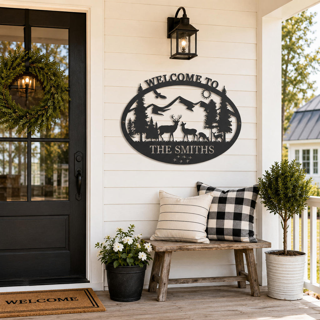 Personalized metal welcome sign displayed on a modern farmhouse porch, custom family name wall decor for front door entrance.